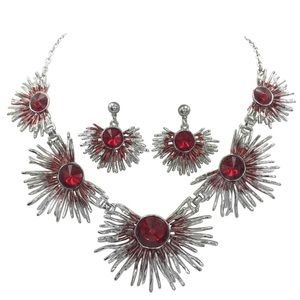Red Silver Burst Spike Necklace Earrings Set
